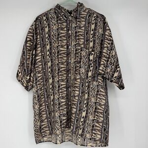 Pure Mens Large 100% Silk Short Sleeve Button Up Shirt Brown Abstract Geometric